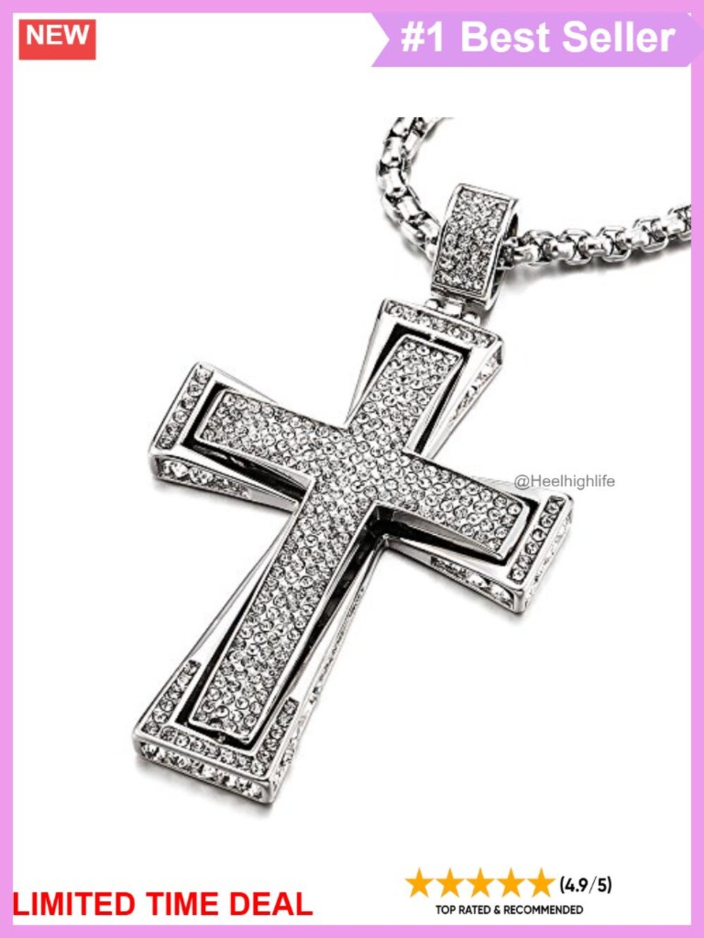 Stainless Steel Cross Pendant Necklace Cubic Zirconia Wheat Chain
